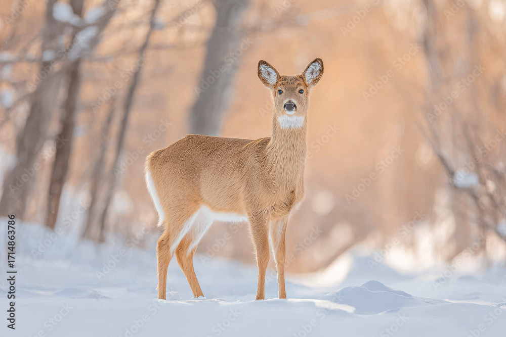 Obraz premium majestic deer stands gracefully in snow framed by stunning winter sunset