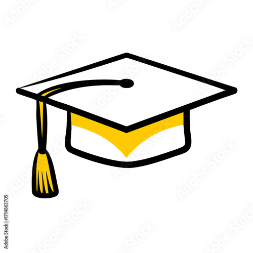 A white graduation cap with a yellow tassel and band is displayed on a white background image here