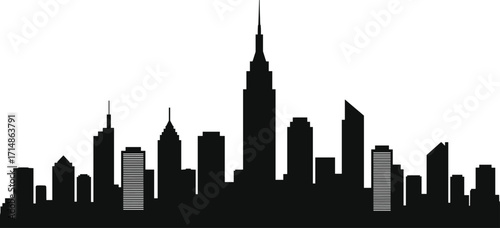 City skyline silhouette, urban architecture illustration, black vector buildings, spire tower graphic, metropolitan design, minimal cityscape, modern skyline art