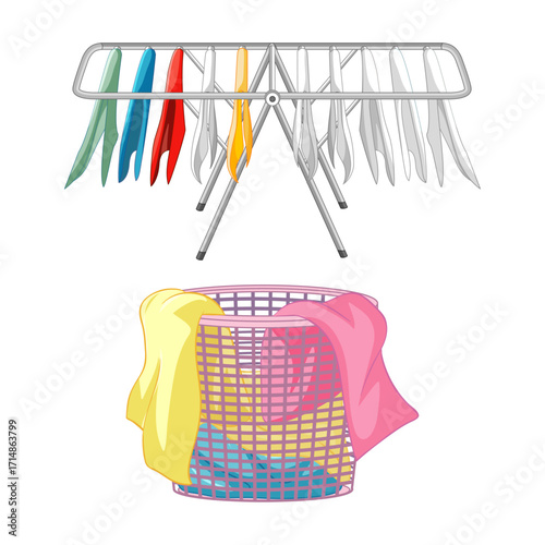 Laundry day essentials with a clothes drying rack and a full basket of clothing