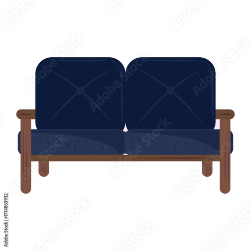 Classic dark blue two-seater sofa with wooden frame for interior design concept