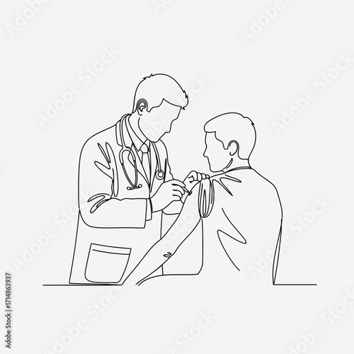 Doctor administering vaccine to patient in minimalist line art style