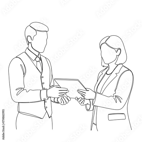 Business professionals exchanging a tablet device