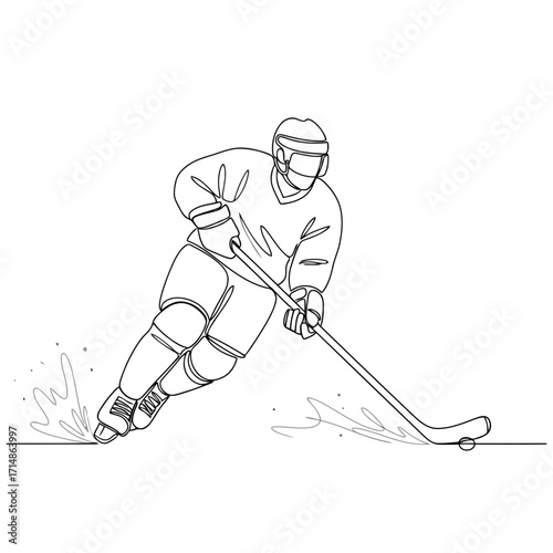 Continuous line drawing of a hockey player in action