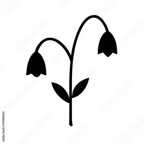 Illustration of a stylized flower with two drooping bell shaped blooms and leaves in a simple black silhouette
