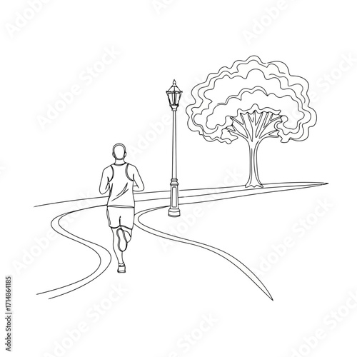 Runner on a winding path in a park with a lamp post and tree
