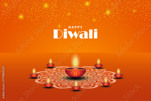 Happy Diwali Festival Background with Decorative Rangoli and Glowing Oil Lamps