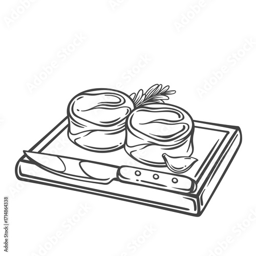 Two round steaks on rectangle wooden board with knife line icon. Outline hand drawn sketch of raw tenderloin meat and garlic for cooking meal. Kitchen, dinner mascot, fresh steaks vector illustration