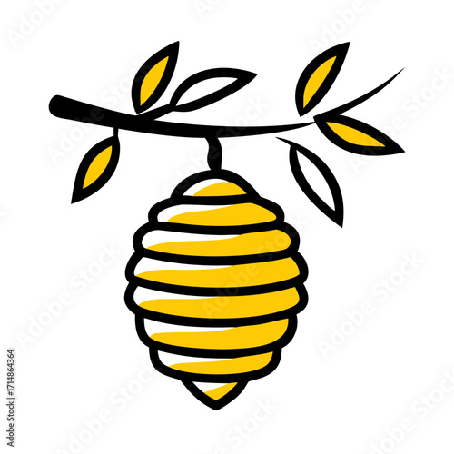 Illustration of a beehive hanging from a branch with leaves in yellow and black on a white background