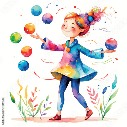 Whimsical Watercolor Juggler Illustration. Colorful Skill Challenge Concept with Playful Composition Representing Creative Difficulty and Dexterity.