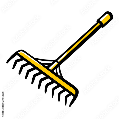 A yellow rake with black outlines for gardening and yard work lying diagonally on a white background space