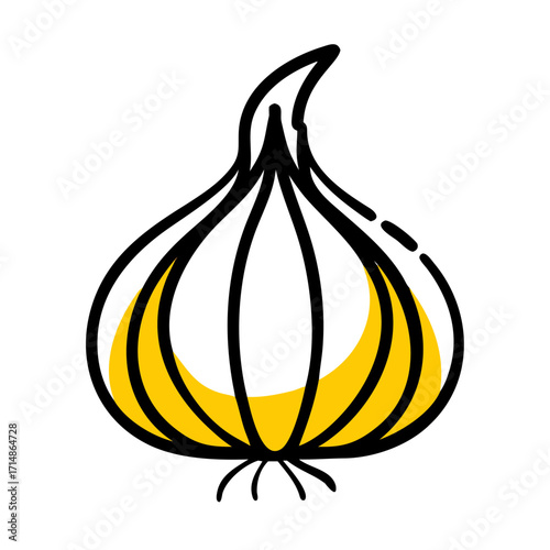 Illustration of a garlic bulb with black outline and yellow shading on a white background design vector