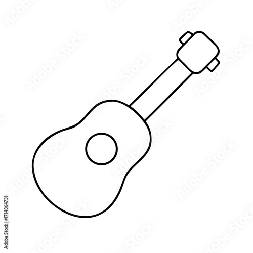 A simple line drawing of a ukulele with a visible sound hole and tuning pegs on the headstock