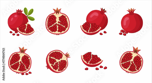 Fruits pomegranate fruit vector illustration set fresh and juicy pomegranates whole and sliced healthy food design vector