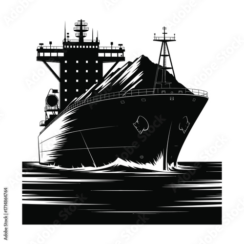 Minimalist cargo ship silhouette carrying coal with control tower black and white vector illustration