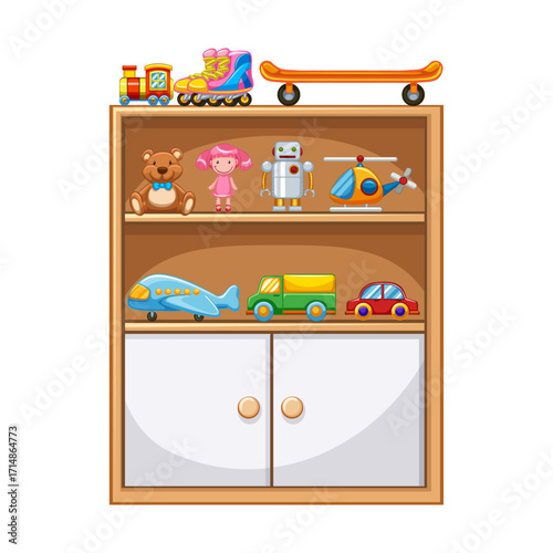 A delightful collection of children's playthings neatly arranged on a wooden storage shelf, fostering creativity