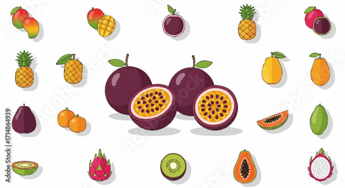 Fruits exotic fruits illustration featuring mangoes pineapples passion fruit papaya and dragon fruit healthy food diet vector