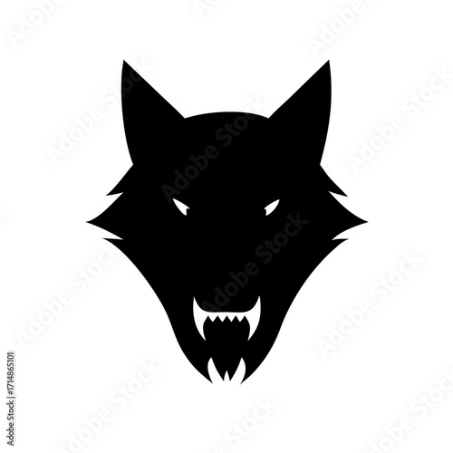 Silhouette of a wolf head with sharp teeth and pointed ears on a white background design element