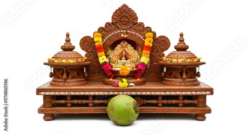 Ornate wooden shrine with coconut