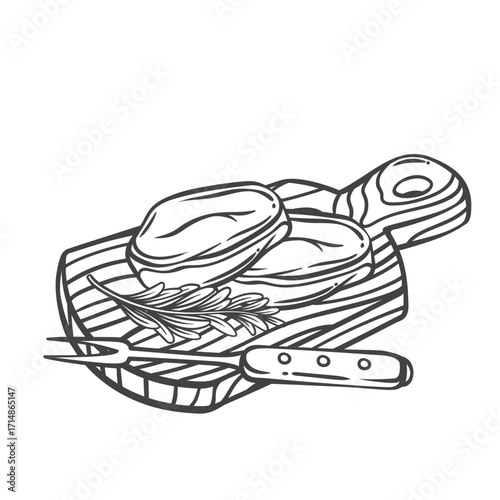 Meat steak two slices on wooden board with fork line icon. Outline hand drawn sketch of raw beefsteaks and rosemary to cook, fry or grill. Restaurant menu, butchery mascot, steaks vector illustration