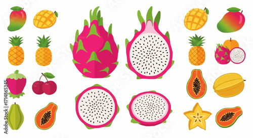 Fruits exotic fruits illustration featuring dragon fruit mango pineapple papaya carambola and cherry collection vector vector