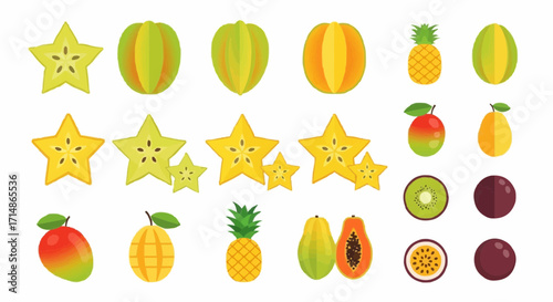 Fruits exotic fruit vector illustration featuring carambola pineapple papaya kiwi passion fruit mango and guava design vector