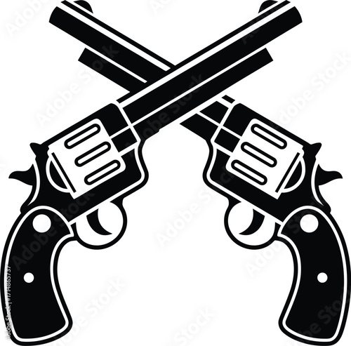 Crossed Revolvers Vector | Vintage Handgun Icon Illustration Of Pistols, Western Weapons, Cowboy Guns, Firearms And Shooting Symbol.