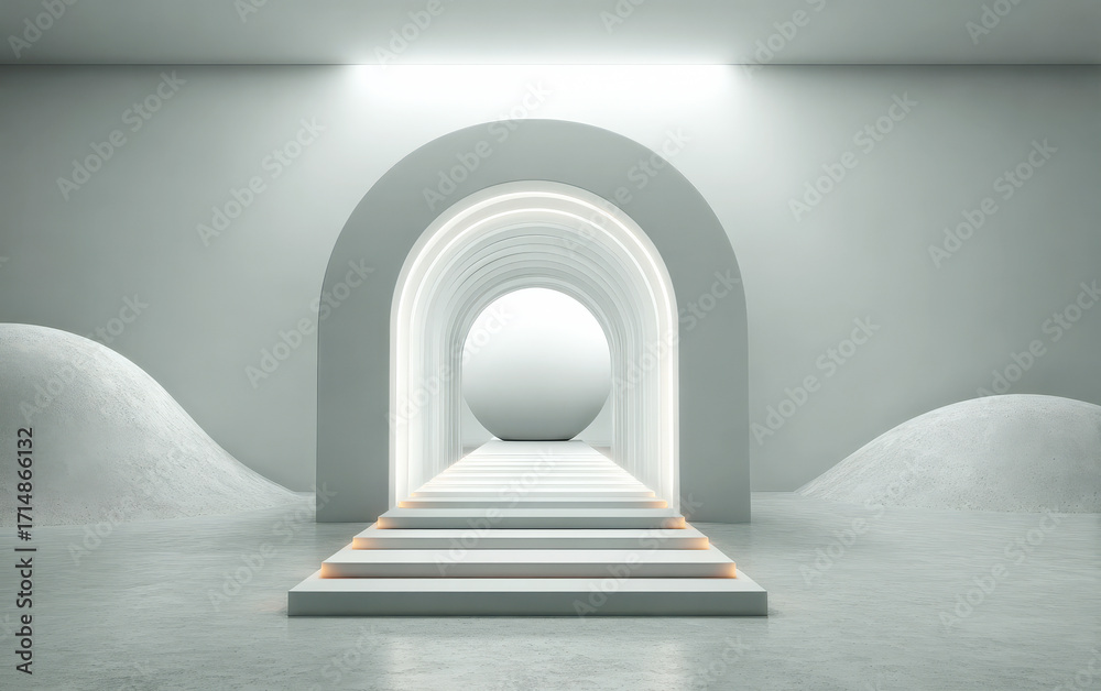 Obraz premium Modern geometric archway with bright lighting and smooth steps