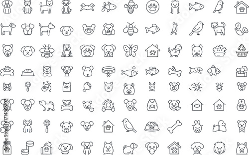 Collection of cute pet icons line art, dogs, cats, birds, fish, animals, food, toys, house, veterinary symbols illustration.