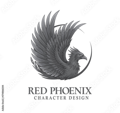 Mythical Phoenix Bird Illustration in Grayscale Emblem for Logo