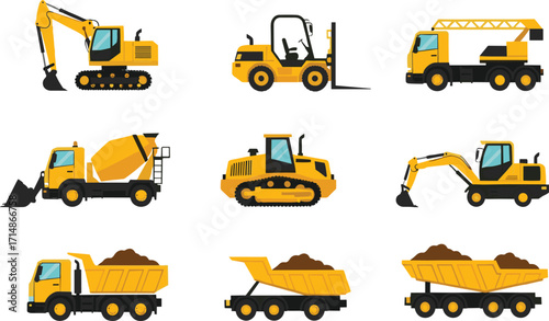 Construction vehicle grid illustration, excavator dump truck crane mixer, yellow machinery icons, civil engineering equipment, industrial site tools vector clipart