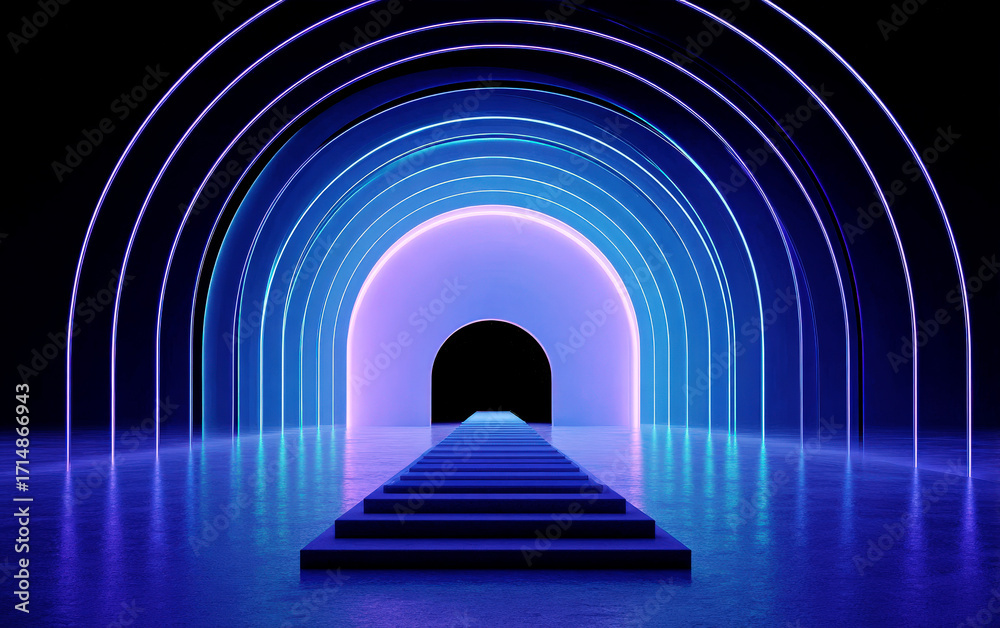 Fototapeta premium Futuristic neon light tunnel with glowing arches and steps