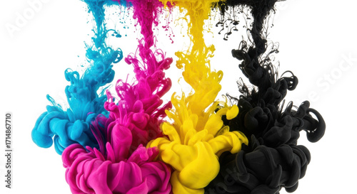 Wallpaper Mural Vibrant cyan, magenta, yellow, black ink plumes intensely dissolving, expanding, swirling in clear water, against a stark white background with copy space. Concept of color theory and fluid dynamics Torontodigital.ca