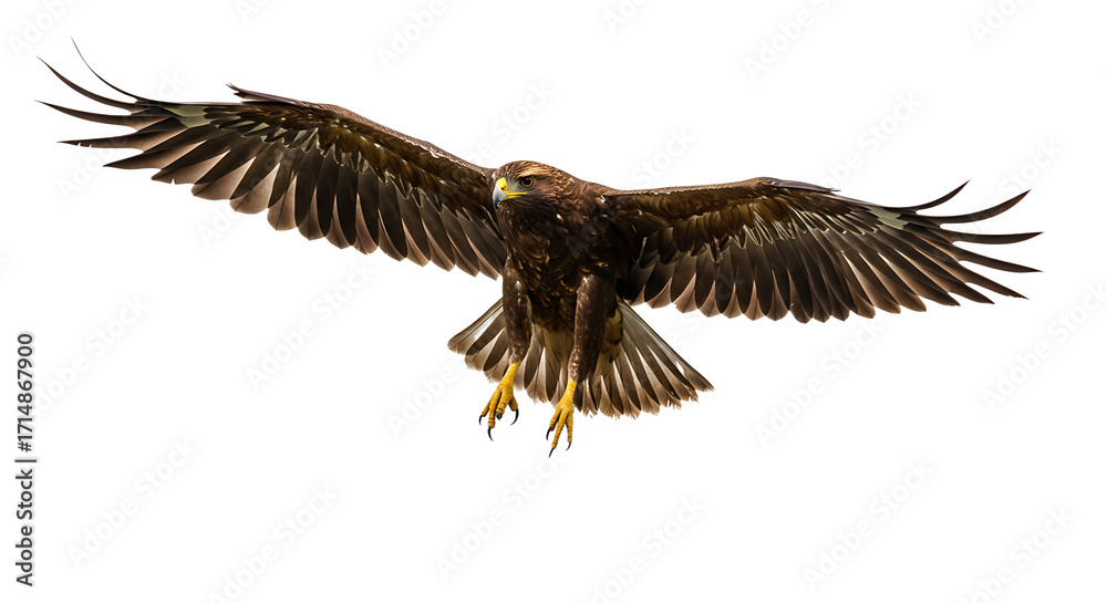 Fototapeta premium Majestic golden eagle in dramatic flight with wings spread wide against a black background