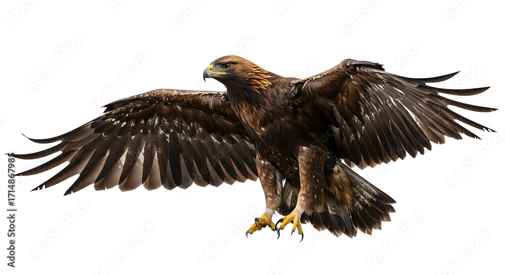 Obraz premium Majestic golden eagle in flight with wings spread wide against a dark background