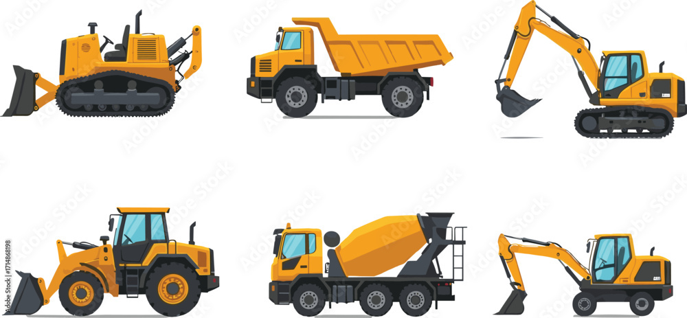 Fototapeta premium Construction vehicle illustration set, bulldozer dump truck excavator loader mixer backhoe, yellow machinery graphic, civil engineering equipment vector clipart