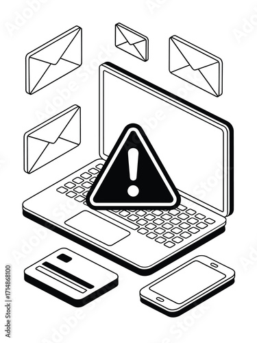 Laptop with warning sign and emails credit card and smartphone
