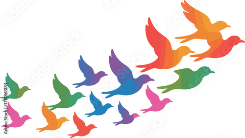 Flock of Colorful Birds in Flight, Symbolizing Freedom and Diversity