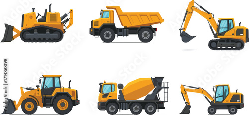 Construction vehicle illustration set, bulldozer dump truck excavator loader mixer backhoe, yellow machinery graphic, civil engineering equipment vector clipart
