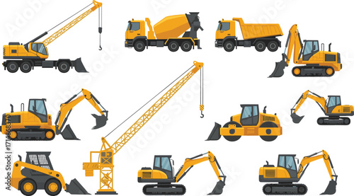 Construction vehicle illustration set, colorful machinery icons, crane mixer excavator bulldozer, industrial equipment vector, civil engineering tools clipart