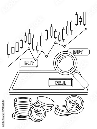 Stock market analysis with trading chart coins and magnifying glass