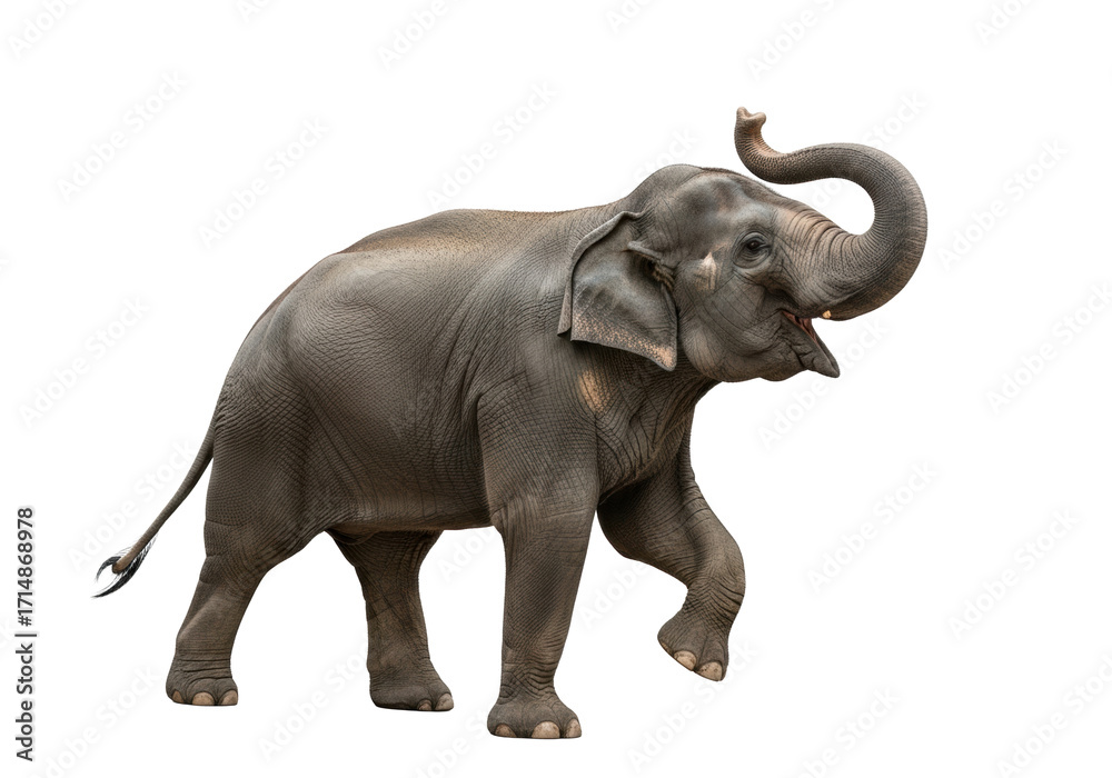 Fototapeta premium Adult asian elephant with wrinkled gray skin and large floppy ears, actively striding with lifted foreleg, joyfully trumpeting trunk on a transparent background, concept of unbridled joy
