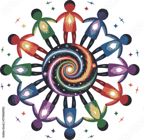 Diverse people hold hands around a swirling galaxy, symbolizing unity and connection