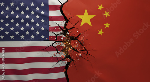 Flags of USA and China colliding with a crack between them, symbolizing trade war