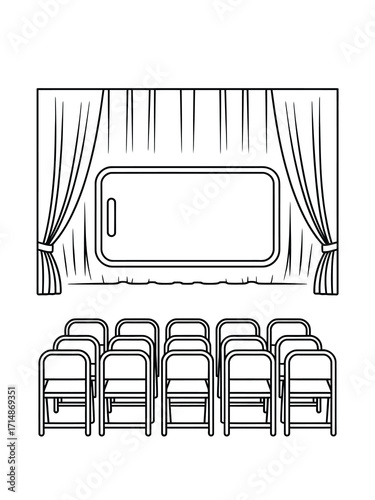 Empty cinema screen with rows of seats and curtains