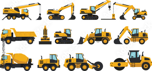 Construction vehicle illustration set, crane excavator bulldozer mixer roller loader, heavy machinery graphic, civil engineering tools, industrial equipment vector clipart