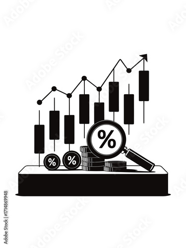 Financial growth analysis with candlestick chart and magnifying glass