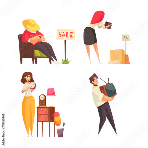 Yard Sale Illustrations People Selling and Buying Used Items