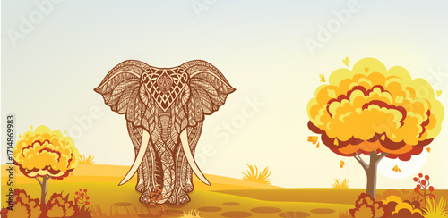Decorative Elephant with Mandala Pattern in a Warm Natural Scene