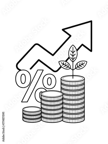 Financial growth concept with growing plant on coins and upward arrow